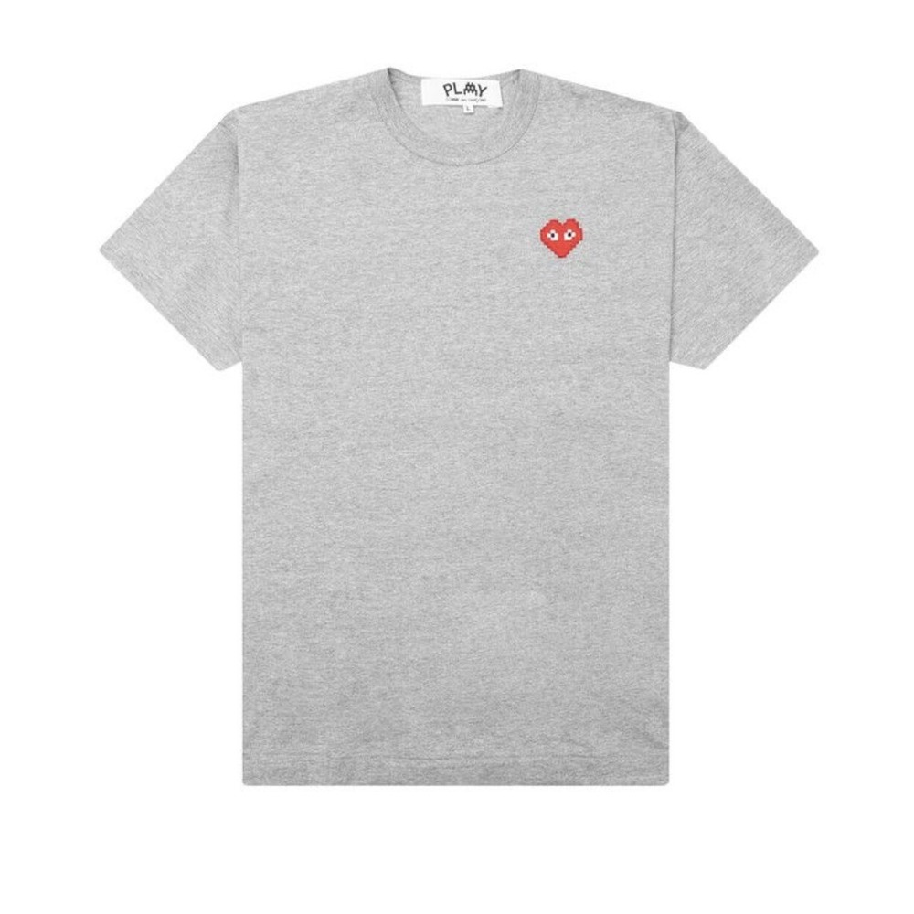 Comme Des Garcons x Invader PLAY Sz M Gray Embroidered Heart Patch T-Shirt